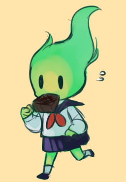 border bottomwear bread clothed clothing colored_fire eat_and_run fire food footwear green_fire not_furry running school_uniform shoes simple_background skirt solo toast uniform yellow_border utggs undertale undertale_(series) fuku_fire elemental_creature fire_creature humanoid 2015 hi_res