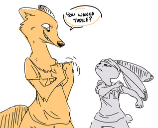 accessory ambiguous_gender anthro clothed clothing dialogue duo female grin headband smile speech_bubble text nobby_(artist) disney zootopia judy_hopps nick_wilde canid canine fox lagomorph leporid mammal rabbit red_fox true_fox aliasing binary_drawing digital_drawing_(artwork) digital_media_(artwork) english_text sketch