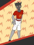 3:4 abstract_background anthro anthrofied bottomwear clothed clothing crop_top fuze generation_3_pokemon hi_res male midriff navel nintendo pawl_(fuze) pokemon pokemon_(species) pokemorph poochyena shirt shorts solo t-shirt topwear torn_clothing torn_topwear