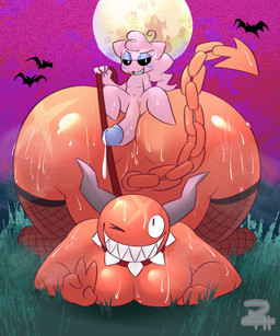anthro ass_up big_butt big_penis blue_tongue bodily_fluids butt chain_tail clothing collar cum cum_drip dripping fishnet_clothing fishnet_legwear genital_fluids genitals group hair holding_leash holding_object horn huge_penis leash legwear male moobs moon narrowed_eyes navel one_eye_closed open_mouth orange_body outside penis pink_body pink_ears pink_hair pink_penis pointed_tail red_leash sharp_teeth size_difference spiked_collar spikes spread_legs spreading sweat sweaty_butt teeth thick_thighs tongue zyfoh mario_bros nintendo zy_(zyfoh) ambient_bat chain_chomp 2025 5:6 digital_drawing_(artwork) digital_media_(artwork) hi_res signature