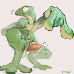 anthro balls biped bodily_fluids crouching emanata erection genital_fluids genitals gesture green_body green_skin low-angle_view male male_anthro nude nude_anthro nude_male penis precum precum_string pupils simple_background slit_pupils solo tapering_penis text white_background yellow_sclera 7b7a2f amphibian 2024 artist_name digital_media_(artwork) hi_res