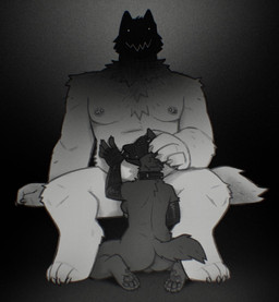 anthro arm_warmers armwear backsack balls bdsm breasts chest_tuft claws clothing collar duo ear_piercing ear_ring face_in_shadow finger_claws fur genitals gynomorph gynomorph/male hand_on_head intersex intersex/male kneeling larger_male looking_at_viewer male mask muscular muscular_anthro muscular_male nipple_piercing nipple_stud nipples nude_anthro nude_male pawpads paws pecs piercing ring_piercing shadow side_boob size_difference smaller_gynomorph smaller_intersex tuft white_body white_fur lundi canid canine canis mammal wolf greyscale hi_res monochrome