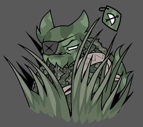 anthro anthrofied bear_trap black_nose camo camo_clothing camo_print camo_topwear clothed clothing coat collar_tag empty_eyes eyebrows fluffy front_view fur grass green_body green_ears green_fur green_tail grey_background holding_object looking_at_viewer male male_anthro pattern_clothing pattern_topwear plant simple_background solo tail topwear trap_(contrivance) white_eyes discommunicator mewgenics fenrir_(mewgenics) domestic_cat felid feline felis mammal 2026 aliasing binary_drawing colored digital_drawing_(artwork) digital_media_(artwork) half-length_portrait portrait