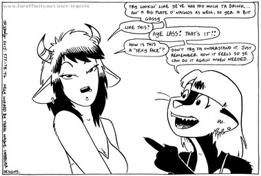 anthro bedroom_eyes border breasts dialogue duo ear_piercing facial_piercing female gesture hair hand_gesture narrowed_eyes nose_piercing piercing pointing seductive text white_border tegerio zandar's_saga kelly_o'dor springfield_(tegerio) bison bovid bovine mammal mephitid skunk 2015 black_and_white english_text monochrome