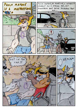 4_fingers aggressive angry anthro backpack bandits black_car black_clothing black_nose black_shirt black_topwear blindfold blue_bottomwear blue_clothing blue_eyes blue_shorts bottomwear brown_hair bulge car city city_background clothed clothing comic_panel day dialogue eyewear facial_scar fingers fur gag gagged glasses grey_body grey_clothing grey_fur grey_shirt grey_topwear gun hair hat headgear headwear inside_car inside_vehicle kidnapper kidnapping male manly multicolored_body multicolored_fur muscular muscular_anthro muscular_male onomatopoeia orange_body orange_fur pointing_gun pointing_gun_at_another ranged_weapon red_clothing red_eyewear red_glasses red_shirt red_tank_top red_topwear scar shirt shorts sidewalk sound_effects speech_bubble street tail tank_top tattoo text topwear vehicle walking weapon yellow_body yellow_fur dashthefox canid canine canis fox mammal sergal wolf 2025 absurd_res colored_pencil_(artwork) comic english_text hi_res traditional_media_(artwork)