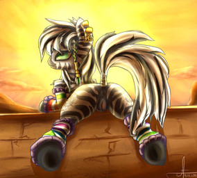 anus arm_warmers armwear braided_hair butt clothing ear_piercing female feral footless_socks genitals green_eyes hair hooves legwear looking_back lying multicolored_armwear multicolored_clothing multicolored_legwear on_front pattern_armwear pattern_clothing pattern_legwear piercing presenting presenting_hindquarters rainbow_armwear rainbow_clothing rainbow_legwear raised_tail rear_view solo striped_armwear striped_clothing striped_legwear stripes sunset tail vulva chameleon-vlad hasbro my_little_pony fan_character equid equine mammal zebra 2012