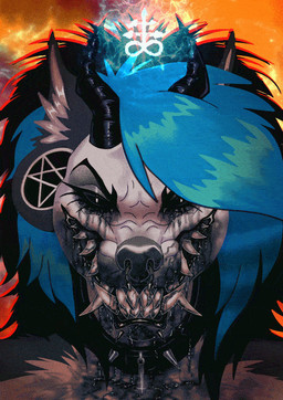 anthro barbell_piercing black_sclera blood blood_on_face blue_hair bodily_fluids circular_barbell_piercing collar cross crying ear_piercing evil_grin facial_piercing female fire gauged_ear gore hair horn inverted_cross magic nose_piercing piercing satanic septum_circular_barbell septum_piercing sharp_teeth smile solo spiked_collar spikes tears teeth niuxii mythology void_(satanick9) canid canid_demon canine demon hellhound mammal mythological_canine mythological_creature werecanid werecanine werecreature werewolf