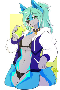 anthro biped breasts claws clothed clothed_anthro clothed_female clothing collar countershade_torso countershading ear_piercing female fingers front_view fur hair inner_ear_fluff looking_at_viewer navel piercing simple_background smile solo standing tail tuft wolflady kallie_(opcoffee) canid canine canis mammal wolf 2026 digital_drawing_(artwork) digital_media_(artwork)