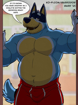 anthro barazoku bedroom_eyes belly biceps big_belly big_muscles blurred_background bottomwear claws clothed clothing dialogue door eyebrows facial_hair front_view fur inside inviting looking_at_viewer male mature_anthro mature_male musclegut muscular muscular_anthro muscular_male narrowed_eyes navel open_mouth open_smile overweight pecs seductive shorts simple_background smile solo standing stubble suggestive_dialogue talking_to_viewer text thick_arms topless topless_anthro topless_male tuft garrodor_(artist) bluey_(series) bandit_heeler australian_cattle_dog canid canine canis cattledog domestic_dog herding_dog mammal pastoral_dog 2025 artist_name english_text hi_res url