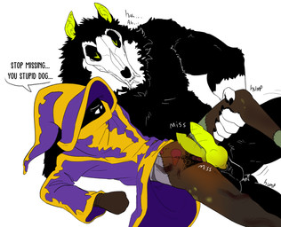animal_genitalia animal_penis anthro balls black_body black_fur body_hair bone canine_genitalia canine_penis clothed clothing dark_body dark_skin duo fur genitals hat headgear headwear human_on_anthro interspecies knot knotted_penis magic_user male partially_clothed penis skull skull_head speech_bubble text white_body white_fur wizard_hat fish-ears chartreuse_(skulldog) the_necromancer_(fish-ears) human mammal skulldog_(species) undead english_text