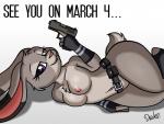 2015 anthro areola biped breasts chest_tuft clothing conditional_dnp dipstick_ears disney drako1997 ear_markings english_text female fingerless_gloves fur gloves gun half-closed_eyes handgun handwear hi_res ineffective_clothing judy_hopps lagomorph leporid looking_at_viewer lying mammal multicolored_ears narrowed_eyes navel nipples on_side pink_nose pistol purple_eyes rabbit ranged_weapon scut_tail short_tail simple_background solo stirrup_footwear tail text trigger_discipline tuft weapon white_background wide_hips zootopia