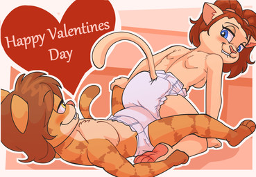 anthro bedroom_eyes bite biting_lip blue_eyes clothed clothing diaper diaper_only duo feet female fur grinding holidays lying male narrowed_eyes on_back orange_body orange_fur paws seductive sitting sitting_on_another soles text toes topless topless_female topless_male wearing_diaper white_body white_fur yellow_eyes paddedulf valentine's_day emily_(paddedulf) mark_(paddedulf) domestic_cat felid feline felis mammal absurd_res english_text hi_res