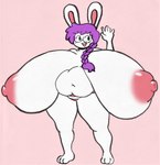 anthro areola big_breasts black_eyes braided_hair breasts clothed clothing eyewear female gesture glasses hair huge_breasts hyper hyper_breasts navel nipples open_mouth overweight overweight_anthro overweight_female panties pink_areola pink_nipples purple_hair solo topless underwear waving white_body angstrom marie_(angstrom) lagomorph leporid mammal rabbit hi_res