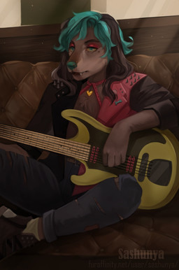 anthro biker bottomwear clothed clothing collar denim denim_bottomwear denim_clothing electric_guitar fur furniture gloves guitar hair handwear harness jacket jeans leather looking_at_viewer makeup male musical_instrument open_mouth pants piercing plucked_string_instrument smile sofa solo string_instrument studs topwear sashunya canid canine canis domestic_dog hunting_dog mammal saluki sighthound digital_media_(artwork) hi_res