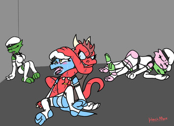 3_toes anthro asphyxiation biped blue_body blush bodily_fluids chokehold clothing digit_ring feet female green_body group horn jewelry pink_body red_body ring saliva scar scars_all_over stirrup_legwear tail toe_ring toes tongue tongue_out unconscious white_clothing yellow_eyes henchmook scalie 11:8 digital_media_(artwork)