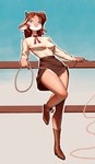 5_fingers anthro big_breasts biped blue_eyes boots bottomwear breasts brown_boots brown_bottomwear brown_clothing brown_footwear brown_hair brown_skirt clothed clothed_anthro clothed_female clothing cowboy_outfit eyebrow_through_hair eyebrows female fence fingers footwear freckles front_view gradient_background hair high_heeled_boots high_heels holding_object holding_rope humanoid_hands long_hair outline pose rope shirt shoes simple_background skirt small_waist smile solo text topwear translucent translucent_hair wheat_in_mouth white_clothing white_outline white_shirt white_topwear wide_hips dany-j bovid bovine cattle mammal 2024 absurd_res artist_name colored full-length_portrait hi_res portrait shaded