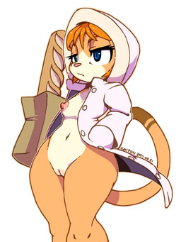 anthro bottomless bread breasts clothed clothing coat female food genitals hair half-closed_eyes hat headgear headwear jacket narrowed_eyes orange_hair solo topwear vulva kaitou enico domestic_cat felid feline felis mammal 3:4
