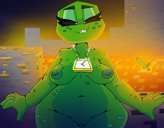 5_fingers anthro black_eyes breasts clock female fingers freckles green_body green_skin jewelry lava melee_weapon nipples rock solo sword thick_thighs underground weapon wide_hips iguanasarecool microsoft minecraft mojang xbox_game_studios creeper_(minecraft) hi_res