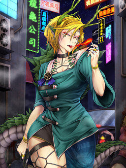 alley ambiguous_gender antlers arm_tattoo blonde_hair blood blue_clothing blue_shirt blue_topwear bodily_fluids breasts building car cigarette clothed clothed_female clothed_humanoid clothing corpse digit_ring elemental_manipulation eyeshadow female finger_ring fire fire_manipulation green_antlers group gun hair handgun holding_cigarette holding_gun holding_handgun holding_object holding_pistol holding_ranged_weapon holding_weapon horn humanoid_pointy_ears jewelry makeup neon_lights neon_sign night pistol pointy_ears ranged_weapon red_eyes shirt shoulder_tattoo sign sky solo_focus star starry_sky tail tattoo text topwear vehicle weapon ryuuichi_(f_dragon) mythology touhou yachie_kicchou animal_humanoid dragon dragon_humanoid eastern_dragon eastern_dragon_humanoid humanoid mythological_creature mythological_scalie scalie 3:4 hi_res japanese_text translation_request