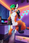 anthro bedroom computer countershading detailed_background electronics featureless_crotch fluffy fur holding_object lights male nude paws processor solo tail window foxinuhhbox barton canid canine canis domestic_dog fox mammal 2022 2:3 absurd_res hi_res