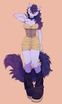 anthro big_breasts black_collar black_nose boots breasts cheek_tuft cleavage clothed clothing collar colored_nails dress facial_tuft female fluffy fluffy_tail footwear front_view fur heart_pendant inner_ear_fluff jewelry looking_at_viewer nails pendant purple_body purple_fur purple_inner_ear_fluff purple_tail purple_tuft red_eyes red_nails shoes solo standing tail tan_dress tuft halfyen canid canine mammal absurd_res hi_res