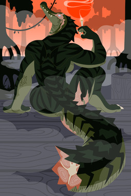 anthro bone damage exposed_bone female first_person_view looking_at_viewer mangrove_tree nude outside pier plant scar smoking solo swamp tree wounded fetishame addy crocodilian reptile scalie 2:3 absurd_res hi_res