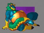 anthro balls belly big_balls big_belly big_penis blue_body bodily_fluids claws erection eyes_closed feet foreskin genital_fluids genitals green_hair hair head_tuft huge_penis humanoid_genitalia humanoid_penis leaking male male_anthro mane markings moobs muscular muscular_anthro muscular_male navel nipples nude orange_body overweight overweight_anthro overweight_male paws penis precum simple_background smile solo tail text thick_penis thick_tail tuft vein veiny_penis yellow_body veganlettuce capcom monster_hunter fanged_wyvern scalie zinogre 2025 artist_name cel_shading colored digital_drawing_(artwork) digital_media_(artwork) hi_res shaded signature watermark