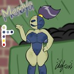 anthro big_breasts blue_body breasts color_swatch female hair mendya_(chefrens) open_mouth purple_hair simple_background smile solo stain thick_thighs trash_can yellow_body chefrens humanoid ragdoll_(disambiguation) hi_res