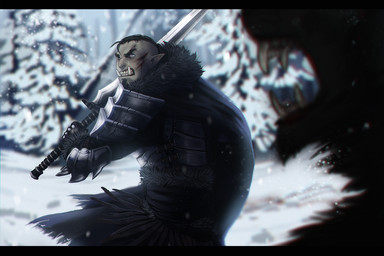 anthro armor clothed clothing duo facial_hair fangs feral fur goatee male melee_weapon outside snow standing sword teeth weapon hitmore canid canine canis humanoid mammal orc wolf