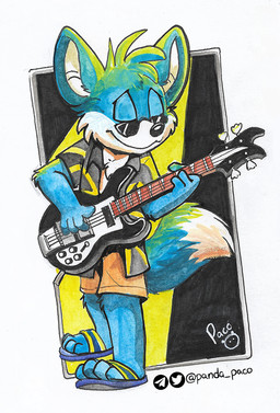 abstract_background anthro bass_guitar black_clothing black_topwear blue_body blue_fur blue_tail bottomwear cheek_tuft closed_smile clothed clothing dipstick_tail eyes_closed facial_tuft footwear fur guitar head_tuft holding_guitar holding_musical_instrument holding_object logo male male_anthro markings mouth_closed musical_instrument open_clothing open_topwear orange_bottomwear orange_clothing orange_shorts playing_guitar playing_music plucked_string_instrument sandals shoes shorts smile solo standing string_instrument tail tail_markings topwear tuft white_body white_fur white_tail young young_anthro young_male pandapaco rickenbacker_bass canid canine mammal artist_logo signature