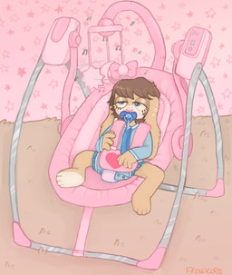 ambiguous_gender anthro blue_eyes bottomwear brown_hair clothed clothing crib diaper feet fur hair heart_clothing heart_print heart_symbol heart_underwear long_ears necktie object_in_mouth onesie pacifier pacifier_in_mouth shirt sitting solo star tired toes topwear underwear wearing_diaper young young_anthro freudcore lagomorph leporid mammal rabbit 2024 digital_media_(artwork)