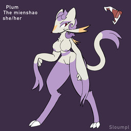 anthro breasts digitigrade female fur genitals nipples purple_body purple_fur red_eyes solo tail vulva white_body white_fur sloumpl nintendo pokemon plum_(sloumpl) generation_5_pokemon mienshao pokemon_(species) 1:1 flat_colors hi_res model_sheet
