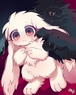 3_fingers 3_toes 4_fingers ambiguous_gender anthro arm_tuft big_ears biped black_body black_claws black_fur blush bodily_fluids chibi claws crotch_tuft drooling duo eyelashes featureless_crotch feet finger_claws fingers floppy_ears fluffy fluffy_chest front_view fur grin head_tuft kemono larger_ambiguous larger_anthro leg_tuft long_ears looming lop_ears monotone_body monotone_fur nude paws pink_eyes pink_inner_ear poking predator/prey pupils purple_pupils red_background saliva scared semi-anthro sharp_teeth shoulder_tuft simple_background size_difference smaller_ambiguous smaller_anthro smile solo_focus sound_effects speech_bubble standing sweat sweatdrop teeth text thick_fur toes tuft white_body white_ears white_fur mekkyaru black_monster_(mekkyaru) inochi_(mekkyaru) canid canine lagomorph mammal 2022 4:5 colored digital_media_(artwork) full-length_portrait hi_res portrait shaded signature translated