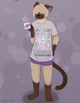 ambiguous_gender anthro athletic athletic_anthro beverage bottomwear brown_nose clothed clothing coffee_cup coffee_mug container cup male math purple_bottomwear purple_clothing purple_shorts shirt shorts solo standing steam t-shirt text text_on_clothing text_on_shirt text_on_topwear tired topwear underwear white_clothing white_shirt white_t-shirt white_topwear wishbone_mouth haika domestic_cat felid feline felis mammal siamese absurd_res hi_res