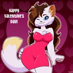 4_fingers anthro big_breasts blue_eyes breasts brown_hair clothing dress female fingers fur hair hand_on_hip heart_symbol holidays long_hair no_sclera one_eye_closed pink_clothing pink_dress pupils raised_tail slit_pupils smile solo standing tail thick_thighs valentine_dress white_body white_fur wink travis_the_dragon valentine's_day mileena_smith_(travis_the_dragon) domestic_cat felid feline felis mammal 1:1 digital_drawing_(artwork) digital_media_(artwork) hi_res