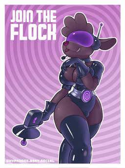 anthro black_clothing black_gloves black_handwear black_latex black_legwear black_leotard black_thigh_highs breasts brown_body brown_fur brown_hair bulge cleavage clothed clothing electronics fur gloves gynomorph hair handwear headgear headphones headset intersex latex latex_clothing latex_gloves latex_handwear latex_legwear latex_leotard latex_thigh_highs legwear leotard lipstick makeup ranged_weapon raygun red_lipstick ringed_background solo text thick_thighs thigh_highs visor weapon wide_hips hypnodoe dr._woolbrain bovid caprine mammal sheep 2026 english_text hi_res