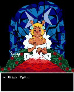 anthro antlers backless_dress black_background blonde_hair blood blood_drip blood_on_clothing blood_on_dress blood_on_hand blue_eyes bodily_fluids breasts brown_body buckteeth church cleavage clothed clothing crying dark digit_ring dress dripping female female_anthro finger_ring fingers flower flower_motif hair hand_on_chest hand_wound horn jewelry long_hair looking_at_viewer married married_woman mind_control plant red_nose ring romantic rose_(flower) scene_parody scene_reference shattered_glass simple_background slim_anthro slim_female smile smiling_at_viewer snowgrave solo spiked_ring suit tan_body tan_skin tears teeth thorn_ring translucent vines wedding_dress wedding_ring white_clothing white_dress white_suit suicidalpixel deltarune undertale_(series) noelle_holiday utena_tenjou cervine deer mammal new_world_deer reindeer 2025 animated digital_media_(artwork) half-length_portrait pixel_(artwork) pixel_animation portrait smaller_version_at_source