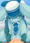 absurd_res blue_body blue_eyes blush bodily_fluids clothed clothing cowgirl_position cum cum_in_pussy cum_inside eeveelution female female_on_human female_on_top female_penetrated from_front_position generation_4_pokemon genital_fluids genitals glaceon hi_res human male male/female male_penetrating male_penetrating_female mammal mostly_nude mostly_nude_female necktie nintendo on_bottom on_top penetration penile penile_penetration penis_in_pussy pokemon pokemon_(species) pokemon_cafe_remix pussy sailor_hat sailor_uniform semi-anthro sex thick_thighs type vaginal vaginal_penetration