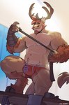 5_fingers anthro antlers arm_hair blurred_background body_hair bulge claws clothing finger_claws fingers grin holding_leash holding_object hooves horn leash locker_room looking_at_viewer low-angle_view male muscular muscular_anthro muscular_male navel smile solo tuft underwear no_swift crashbeast deer felid hybrid lion mammal new_world_deer pantherine reindeer absurd_res digital_drawing_(artwork) digital_media_(artwork) hi_res shaded