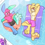anthro bedroom_eyes big_feet blue_body blue_fur chest_tuft clothing duo eyewear feet foot_focus fur glasses green_body green_fur half-closed_eyes heart_glasses male narrowed_eyes pink_body pink_fur pool_float seductive smile spread_toes swimming_trunks swimwear toes tuft white_body white_fur wide_eyed yellow_body yellow_fur xing1 xing_(xing1) lagomorph leporid mammal rabbit 1:1 hi_res