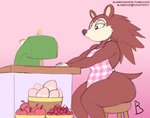 anthro apple apron apron_only big_butt black_nose breasts brown_body brown_tail butt cherry clothing female food freckled_face freckles fruit fruit_basket furniture gradient_background huge_butt lidded_eyes multicolored_body peach_(fruit) plant sewing_machine short_tail simple_background sitting_on_stool solo table tail tan_body text two_tone_body nekocrispy animal_crossing nintendo sable_able eulipotyphlan hedgehog mammal 2016 digital_drawing_(artwork) digital_media_(artwork) signature url