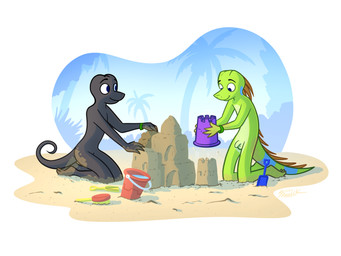 3_toes 4_fingers anthro back_spines balls blue_background blue_eyes bucket casual_nudity container convenient_censorship countershade_balls countershade_face countershade_genitalia countershade_legs countershade_torso countershading curled_tail duo feet female fingers genitals green_balls green_body green_genitals green_penis grey_body kneeling looking_at_another male markings neck_spines no_irises nude nude_anthro nude_female nude_male orange_spines penis plantigrade playing sand sand_castle sandy_butt sandy_feet sculpture shovel silhouette simple_background soles spines striped_markings striped_tail stripes tail tail_markings tail_spines text toes tools white_background white_sclera wristband young young_anthro young_female young_male samareck iggy_thomson lori_chavez blue_tree_monitor iguana iguanid lizard monitor_lizard reptile scalie 2026 absurd_res dated digital_media_(artwork) hi_res signature