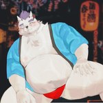 anthro asian_clothing belly blush clothing east_asian_clothing fundoshi happi_(clothing) humanoid_hands japanese_clothing kemono male moobs navel nipples one_eye_closed overweight overweight_male red_clothing red_fundoshi red_underwear solo underwear wink saheul_s lifewonders tokyo_afterschool_summoners behemoth_(tas) 1:1 2022 absurd_res hi_res