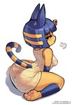 3_toes anthro arm_support big_butt blue_ears blue_hair bob_cut breasts breath butt clothed clothed_anthro clothed_female clothing egyptian egyptian_clothing egyptian_headdress eyelashes feet female female_anthro fur glistening_eyelids hair kneeling looking_back markings mouth_closed narrowed_eyes on_ground pawpads pink_pawpads raised_tail rear_view simple_background solo striped_markings striped_tail stripes tail tail_markings text toes uraeus white_background wide_hipped_anthro wide_hipped_female wide_hips wraps yellow_body wersman animal_crossing nintendo ankha_(animal_crossing) domestic_cat felid feline felis mammal 2025 digital_drawing_(artwork) digital_media_(artwork) full-length_portrait hi_res portrait url