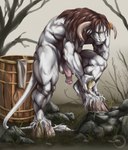 anthro balls barrel bathing brown_hair fur genitals hair hooves horn male muscular muscular_anthro muscular_male nude outdoor_nudity outside penis solo standing wet wet_body wet_fur wet_hair white_body white_fur st.likhod blizzard_entertainment warcraft kesego bovid bovine mammal tauren 2022 digital_media_(artwork) hi_res signature