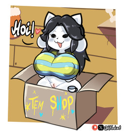 anthro big_breasts bottomless box breasts clothed clothing container female female_anthro fur genitals huge_breasts looking_at_viewer nipple_outline open_mouth smile solo squish vulva elferdiart undertale undertale_(series) temmie_(undertale) canid canine canis humanoid mammal tem temmie_(species) hi_res