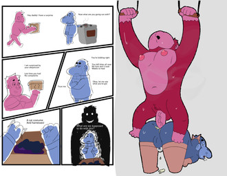anal anal_penetration anthro balls bodily_fluids butt chastity_cage chastity_device clothed clothing cum cum_inside dialogue duo eyaculation genital_fluids genitals male male/male muscular navel nipples nude overweight overweight_male penetration penile penile_penetration penis penis_in_ass sex smile sweat sweatdrop text toy vein veiny_penis daddy_banana papa_banana ape chimpanzee gorilla haplorhine mammal pan_(genus) primate absurd_res comic english_text hi_res