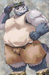 anthro belly big_belly bottomwear bulge clothing cute_fangs fangs hat headgear headwear humanoid_hands kemono male overweight overweight_male shirt shorts solo teeth topwear arufina_w felid mammal pantherine 2024 absurd_res hi_res