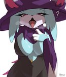 anthro anthrofied big_breasts blue_body blue_fur breasts breath clothed clothing female fur hat headgear headwear open_mouth question_mark simple_background solo teeth tongue tongue_out witch_hat homuro palworld pocketpair felid feline katress mammal pal_(species) 2024 hi_res