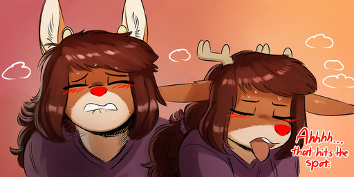 anthro antlers biped blush clothed clothed_anthro clothed_female clothing female front_view fur hair horn solo suggestive teeth text tongue the-minuscule-task rue_(the-minuscule-task) deer mammal 2026 digital_drawing_(artwork) digital_media_(artwork) english_text